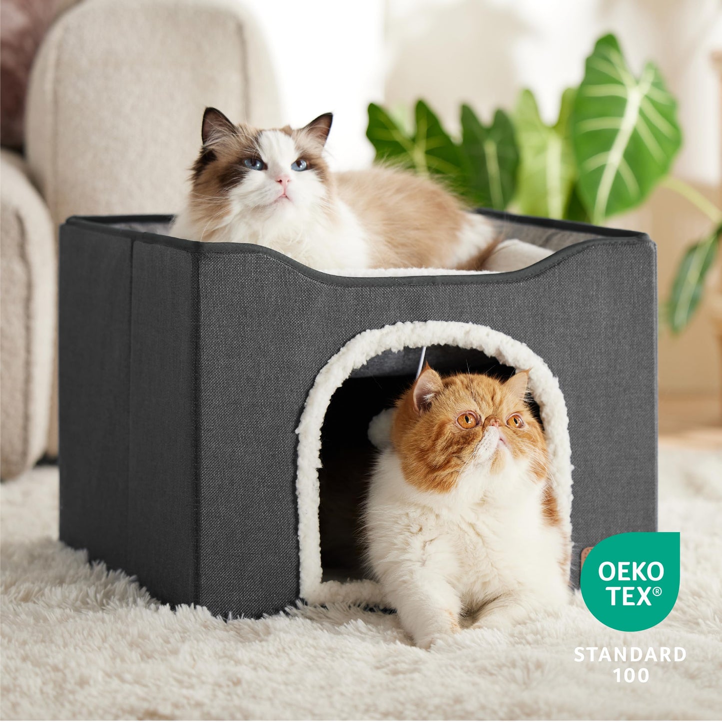 Bedsure Cat Beds for Indoor Cats - Large Cat Cave for Pet Cat House with Fluffy Ball Hanging and Scratch Pad, Foldable Cat Hideaway,16.5x16.5x13 inches, Grey