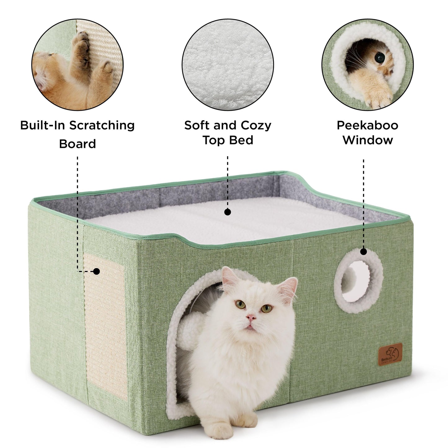 Bedsure Cat Beds for Indoor Cats - Large Cat Cave for Pet Cat House with Fluffy Ball Hanging and Scratch Pad, Foldable Cat Hideaway,16.5x16.5x13 inches, Grey