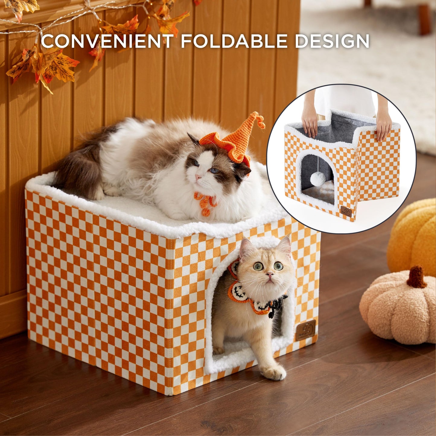 Bedsure Cat Beds for Indoor Cats - Large Cat Cave for Pet Cat House with Fluffy Ball Hanging and Scratch Pad, Foldable Cat Hideaway,16.5x16.5x13 inches, Grey