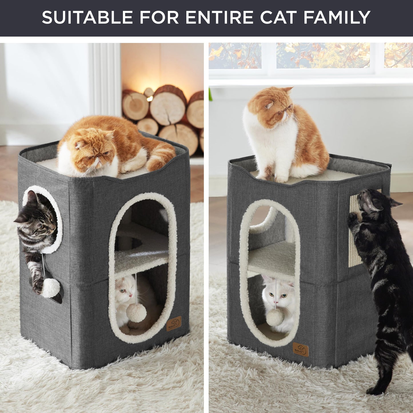 Bedsure Cat Beds for Indoor Cats - Large Cat Cave for Pet Cat House with Fluffy Ball Hanging and Scratch Pad, Foldable Cat Hideaway,16.5x16.5x13 inches, Grey