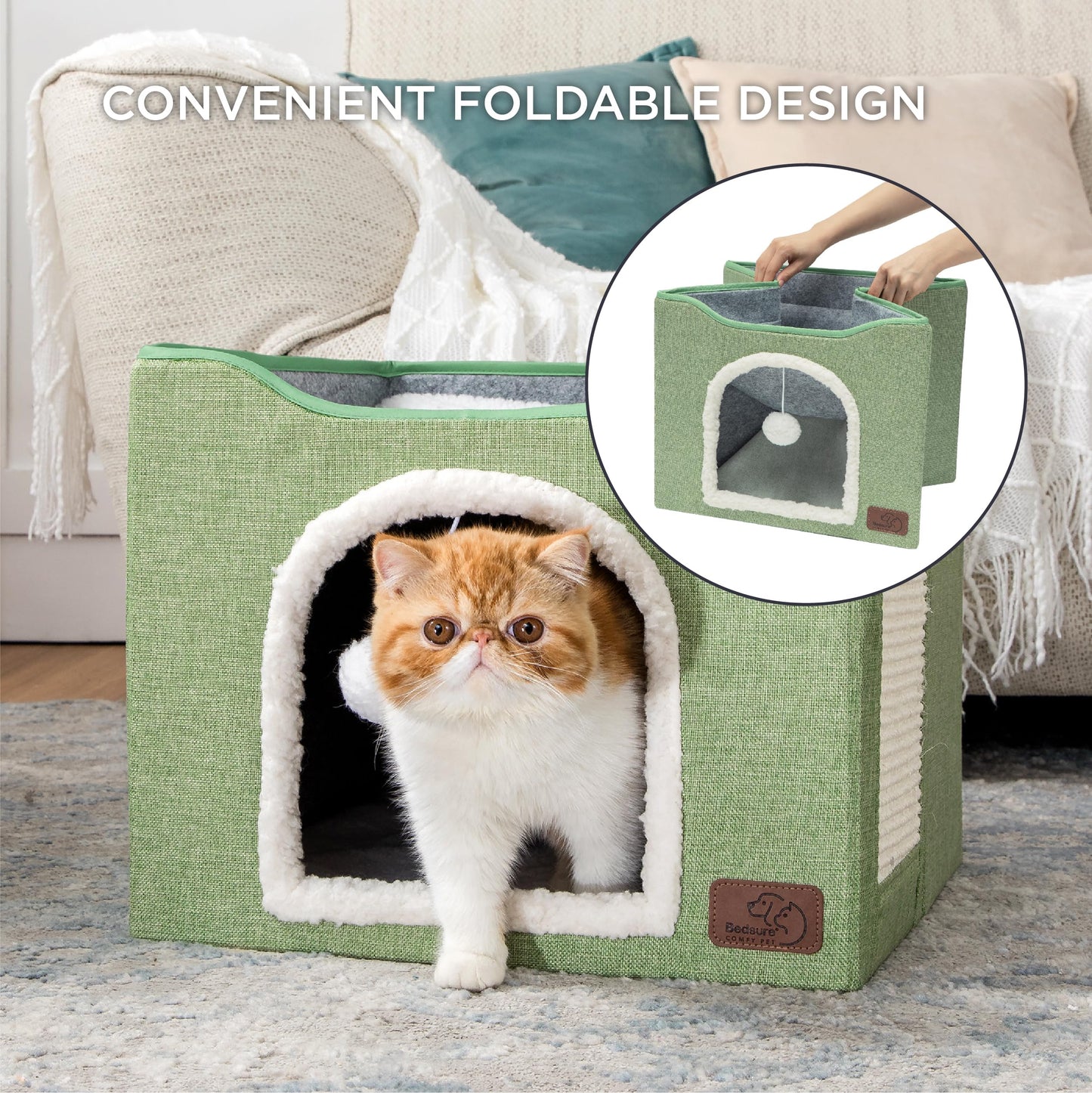 Bedsure Cat Beds for Indoor Cats - Large Cat Cave for Pet Cat House with Fluffy Ball Hanging and Scratch Pad, Foldable Cat Hideaway,16.5x16.5x13 inches, Grey