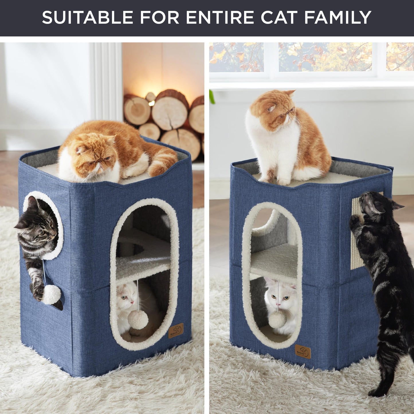 Bedsure Cat Beds for Indoor Cats - Large Cat Cave for Pet Cat House with Fluffy Ball Hanging and Scratch Pad, Foldable Cat Hideaway,16.5x16.5x13 inches, Grey