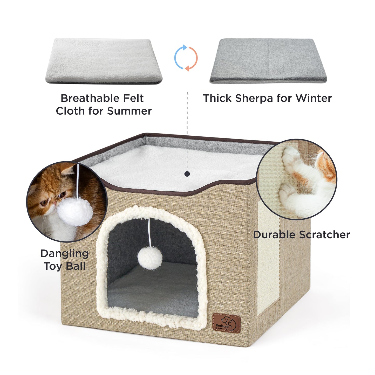 Bedsure Cat Beds for Indoor Cats - Large Cat Cave for Pet Cat House with Fluffy Ball Hanging and Scratch Pad, Foldable Cat Hideaway,16.5x16.5x13 inches, Grey