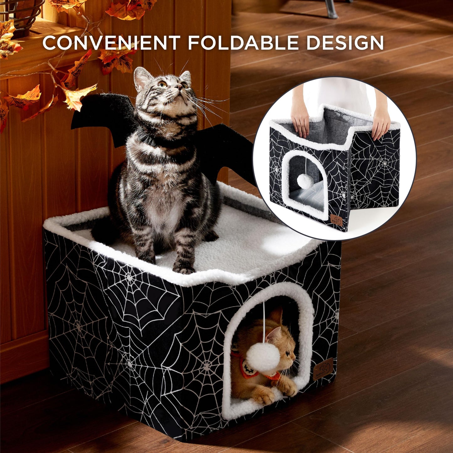 Bedsure Cat Beds for Indoor Cats - Large Cat Cave for Pet Cat House with Fluffy Ball Hanging and Scratch Pad, Foldable Cat Hideaway,16.5x16.5x13 inches, Grey