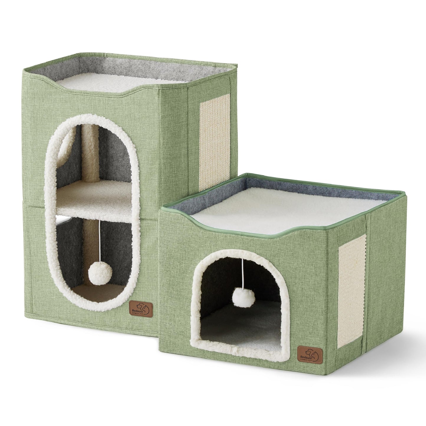 Bedsure Cat Beds for Indoor Cats - Large Cat Cave for Pet Cat House with Fluffy Ball Hanging and Scratch Pad, Foldable Cat Hideaway,16.5x16.5x13 inches, Grey