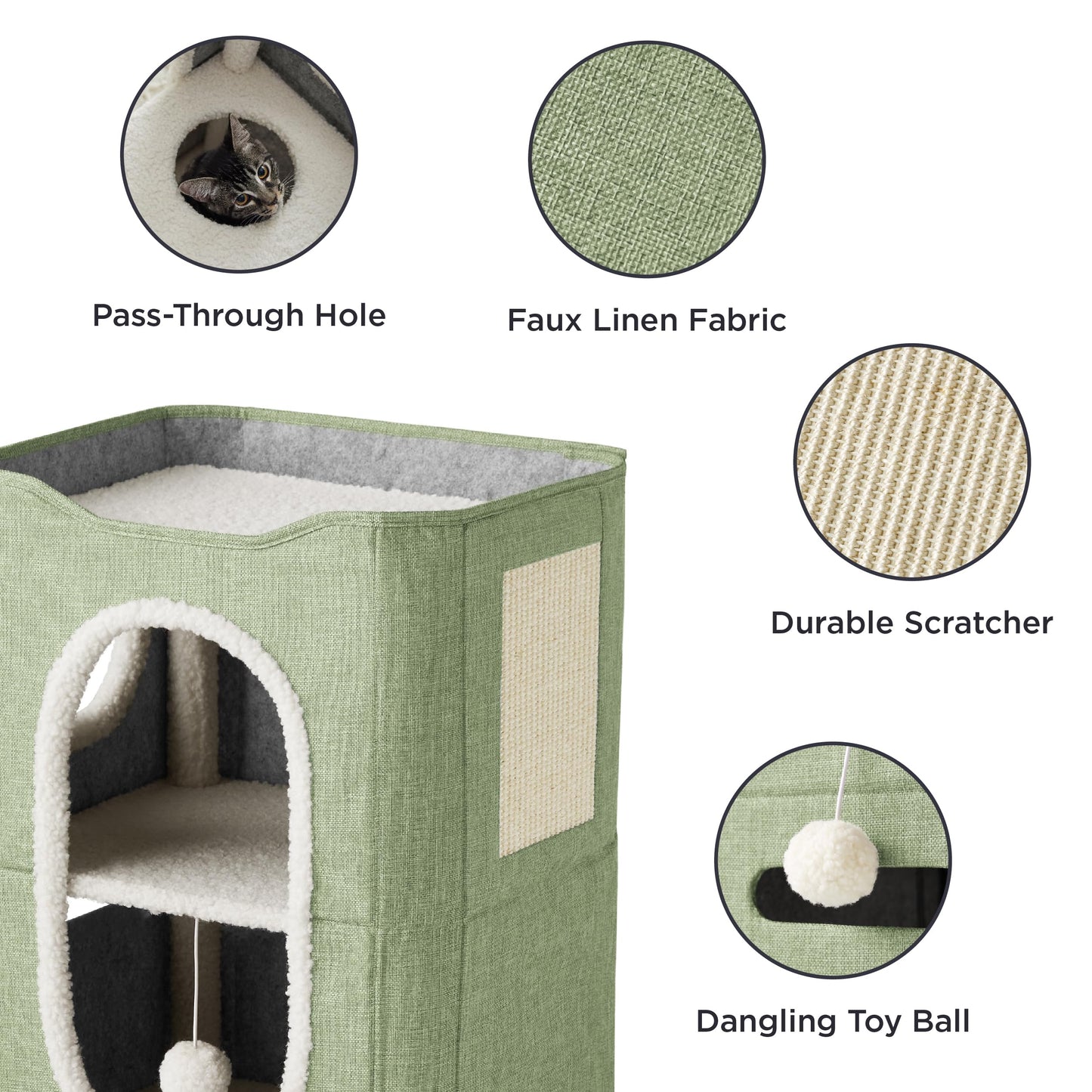 Bedsure Cat Beds for Indoor Cats - Large Cat Cave for Pet Cat House with Fluffy Ball Hanging and Scratch Pad, Foldable Cat Hideaway,16.5x16.5x13 inches, Grey