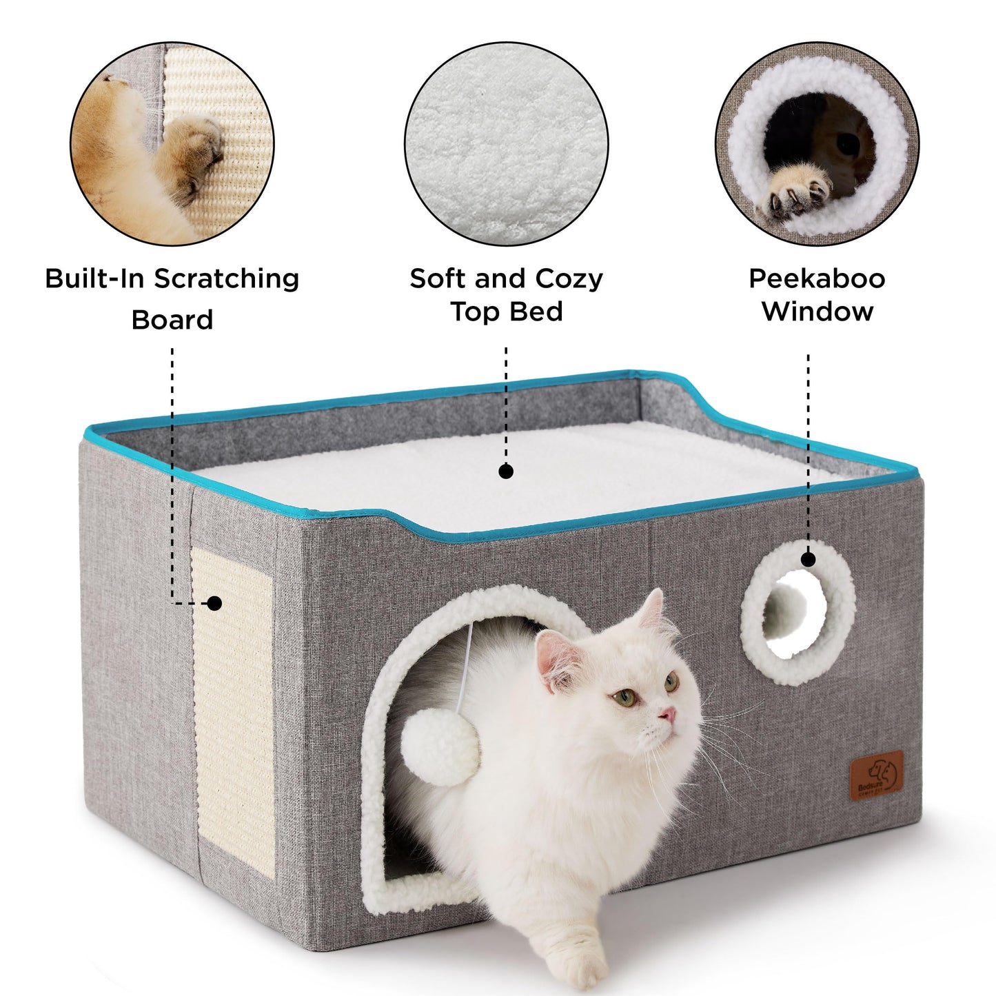 Bedsure Cat Beds for Indoor Cats - Large Cat Cave for Pet Cat House with Fluffy Ball Hanging and Scratch Pad, Foldable Cat Hideaway,16.5x16.5x13 inches, Grey