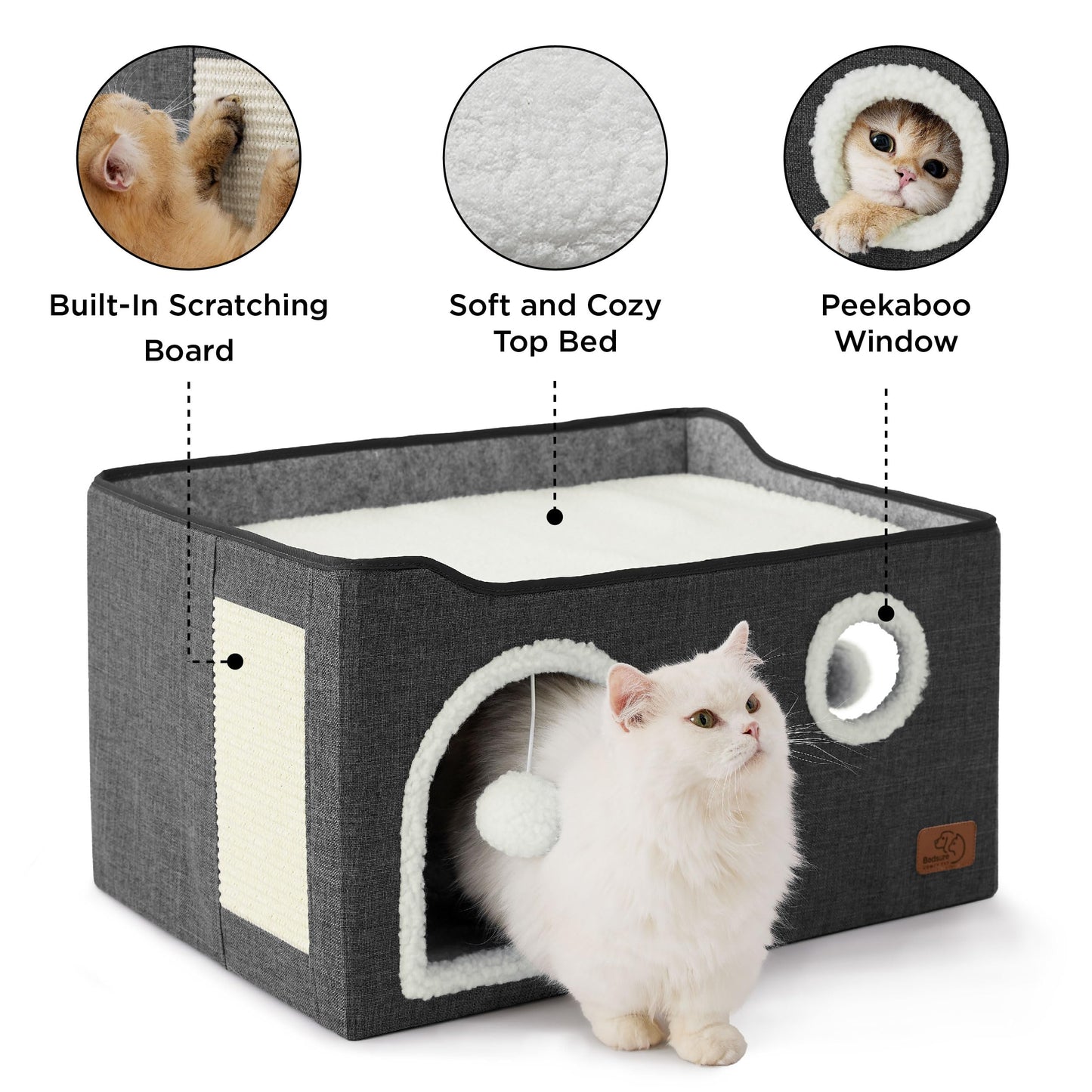 Bedsure Cat Beds for Indoor Cats - Large Cat Cave for Pet Cat House with Fluffy Ball Hanging and Scratch Pad, Foldable Cat Hideaway,16.5x16.5x13 inches, Grey