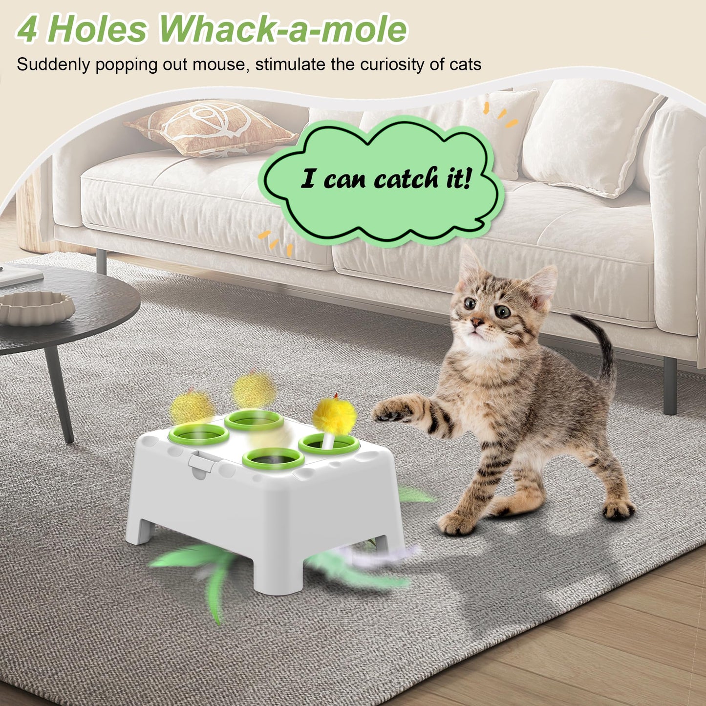 Interactive Cat Toys, 2-in-1 Automatic Cat Toy, 4 Holes Mice Whack A Mole Cat Mouse Toy with Moving Feather, Portable USB Rechargeable Electronic Kitten Toys White