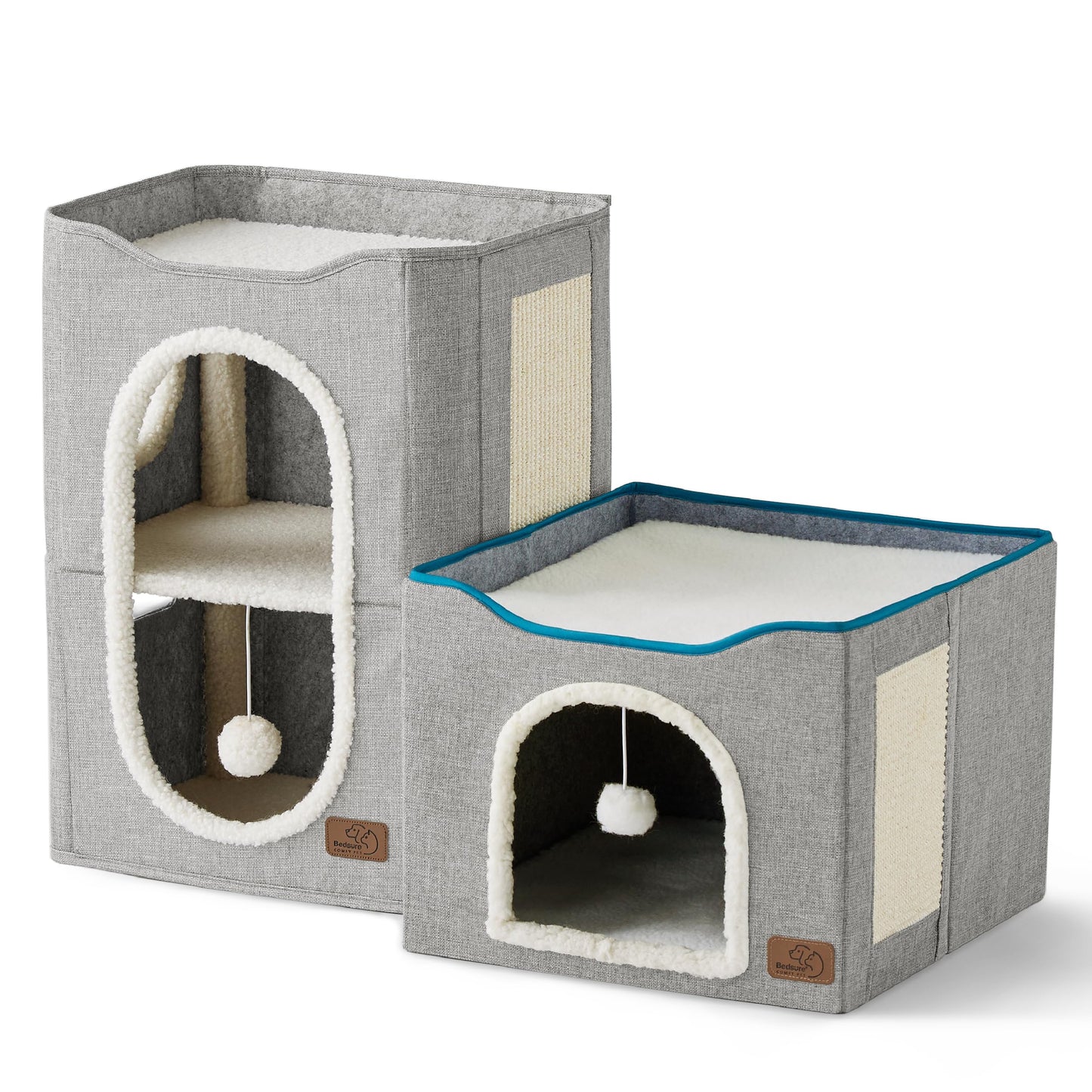 Bedsure Cat Beds for Indoor Cats - Large Cat Cave for Pet Cat House with Fluffy Ball Hanging and Scratch Pad, Foldable Cat Hideaway,16.5x16.5x13 inches, Grey