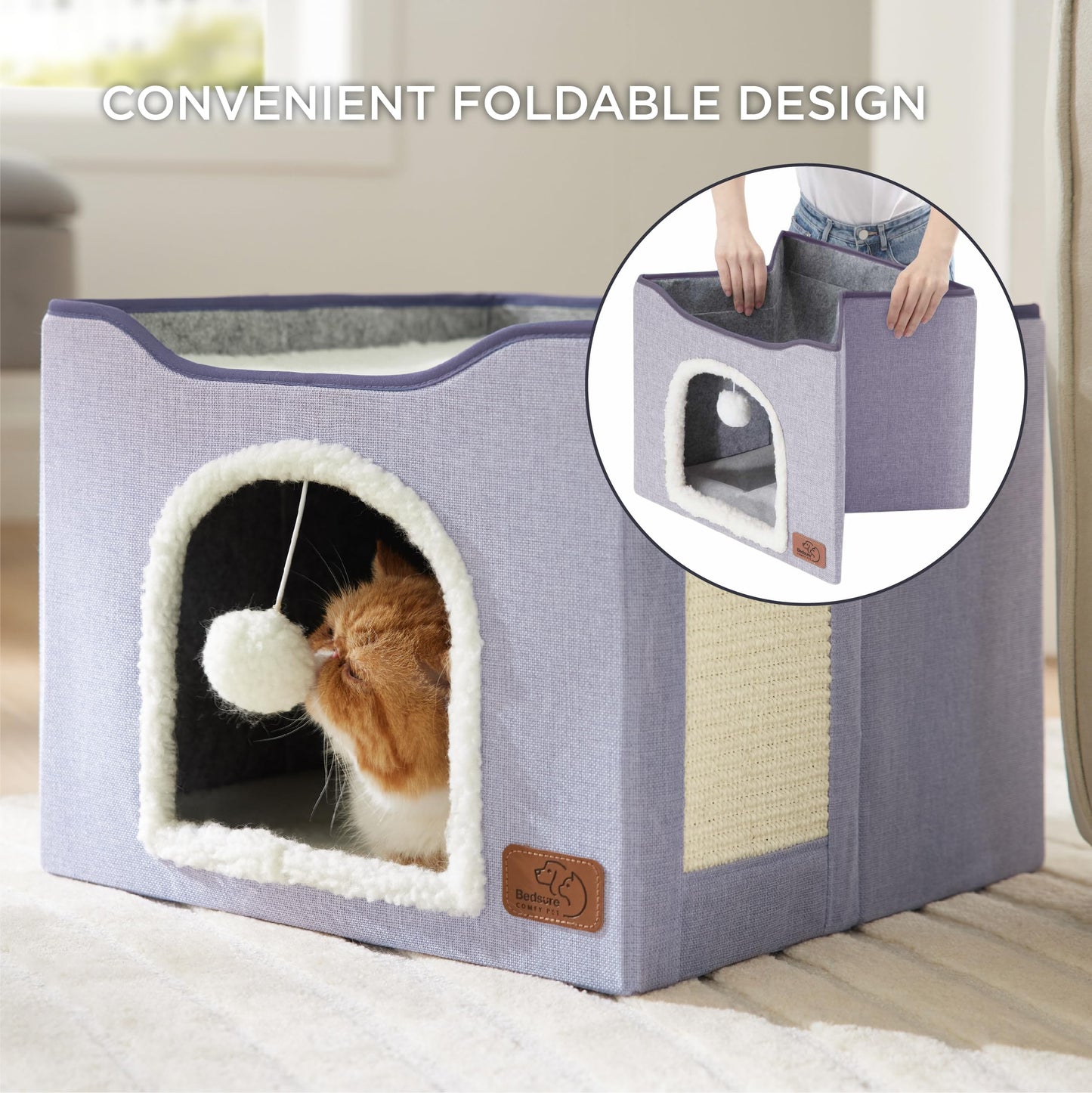 Bedsure Cat Beds for Indoor Cats - Large Cat Cave for Pet Cat House with Fluffy Ball Hanging and Scratch Pad, Foldable Cat Hideaway,16.5x16.5x13 inches, Grey