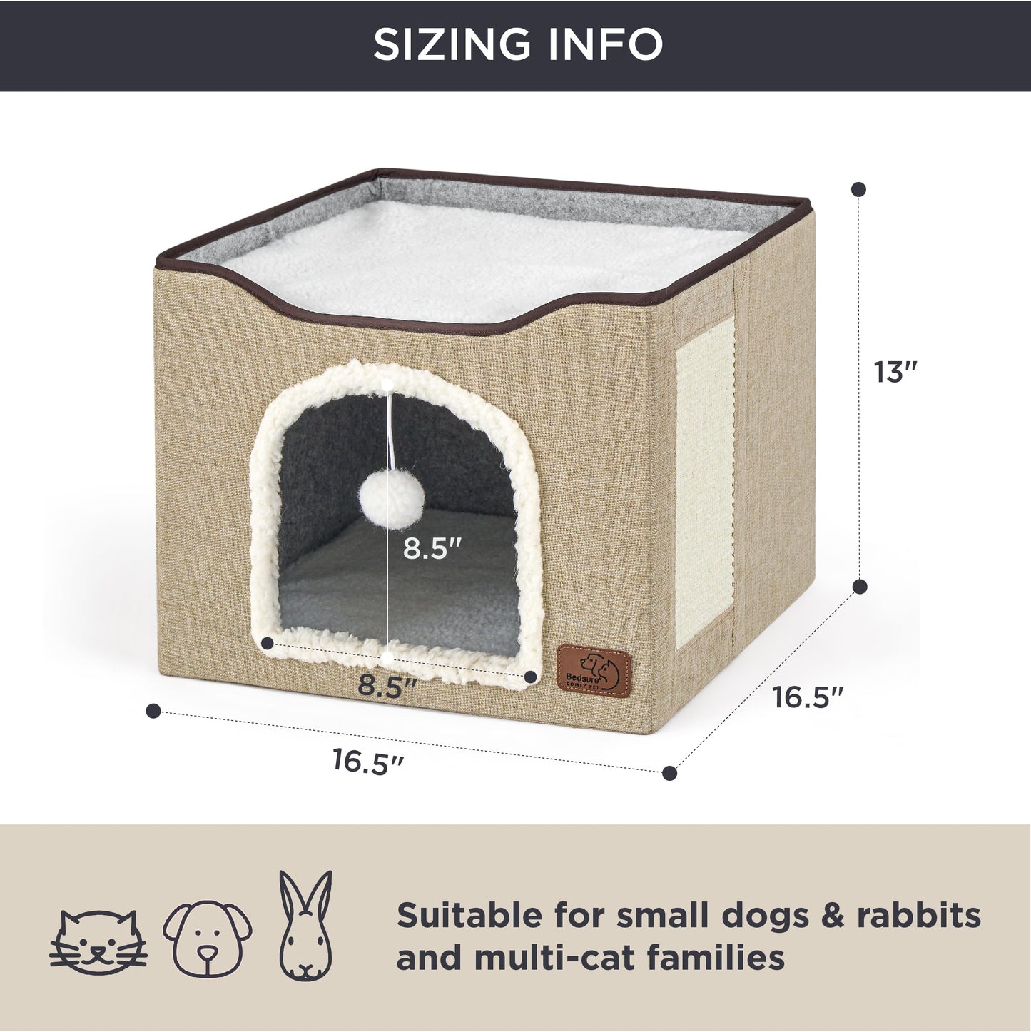 Bedsure Cat Beds for Indoor Cats - Large Cat Cave for Pet Cat House with Fluffy Ball Hanging and Scratch Pad, Foldable Cat Hideaway,16.5x16.5x13 inches, Grey