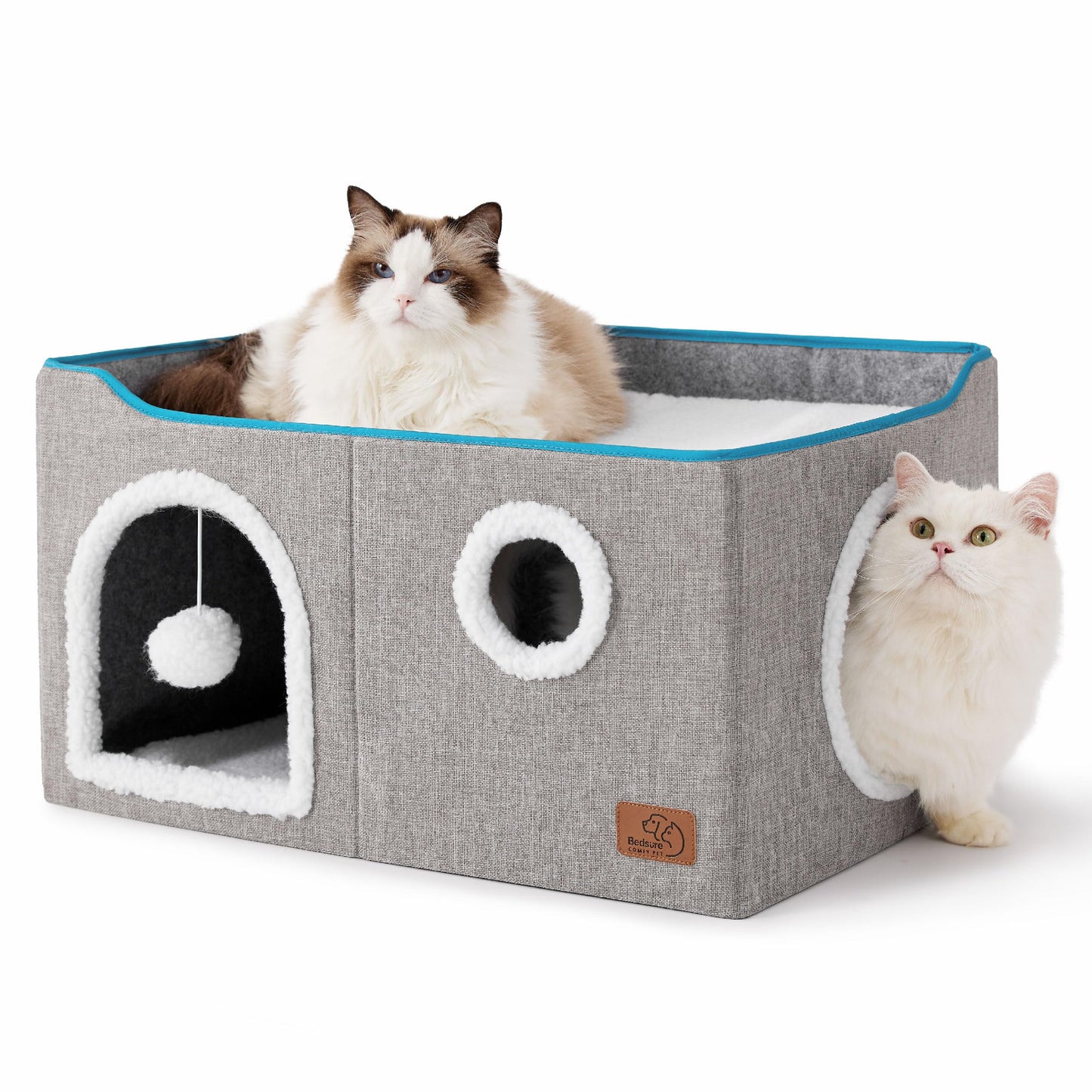 Bedsure Cat Beds for Indoor Cats - Large Cat Cave for Pet Cat House with Fluffy Ball Hanging and Scratch Pad, Foldable Cat Hideaway,16.5x16.5x13 inches, Grey