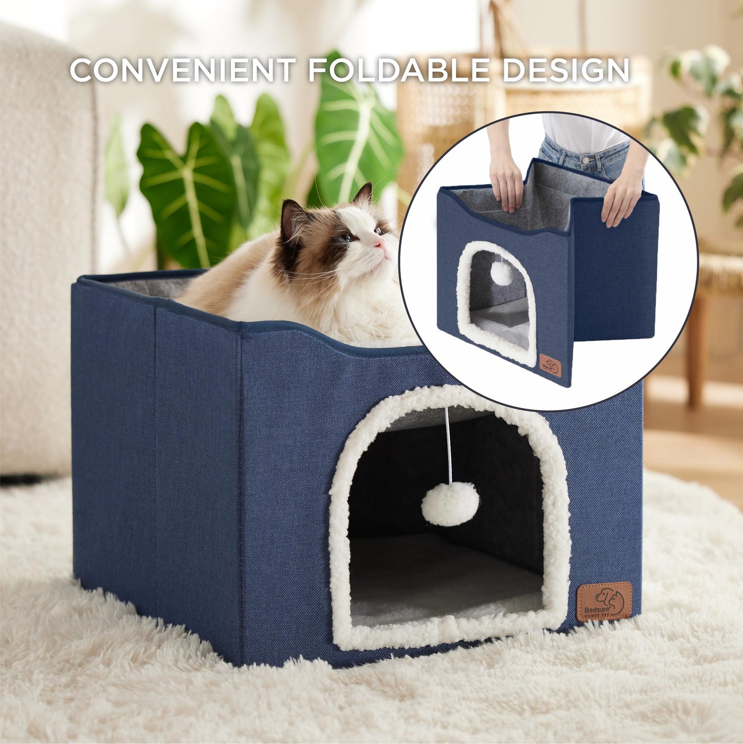 Bedsure Cat Beds for Indoor Cats - Large Cat Cave for Pet Cat House with Fluffy Ball Hanging and Scratch Pad, Foldable Cat Hideaway,16.5x16.5x13 inches, Grey