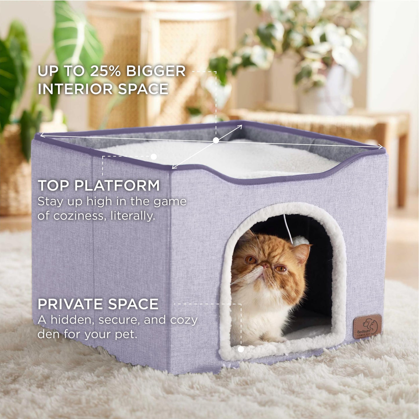 Bedsure Cat Beds for Indoor Cats - Large Cat Cave for Pet Cat House with Fluffy Ball Hanging and Scratch Pad, Foldable Cat Hideaway,16.5x16.5x13 inches, Grey