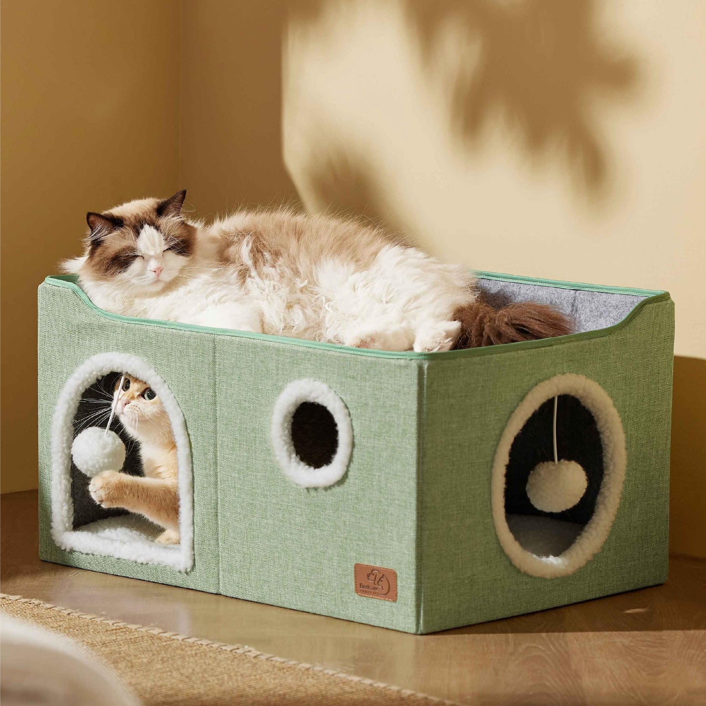 Bedsure Cat Beds for Indoor Cats - Large Cat Cave for Pet Cat House with Fluffy Ball Hanging and Scratch Pad, Foldable Cat Hideaway,16.5x16.5x13 inches, Grey