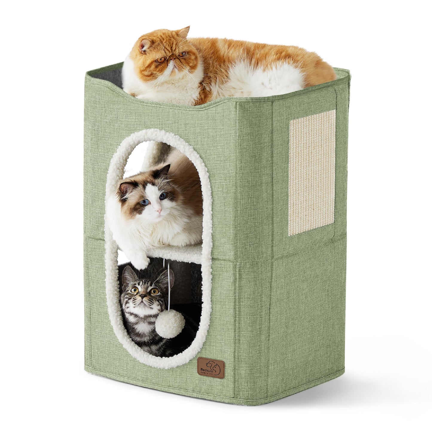 Bedsure Cat Beds for Indoor Cats - Large Cat Cave for Pet Cat House with Fluffy Ball Hanging and Scratch Pad, Foldable Cat Hideaway,16.5x16.5x13 inches, Grey