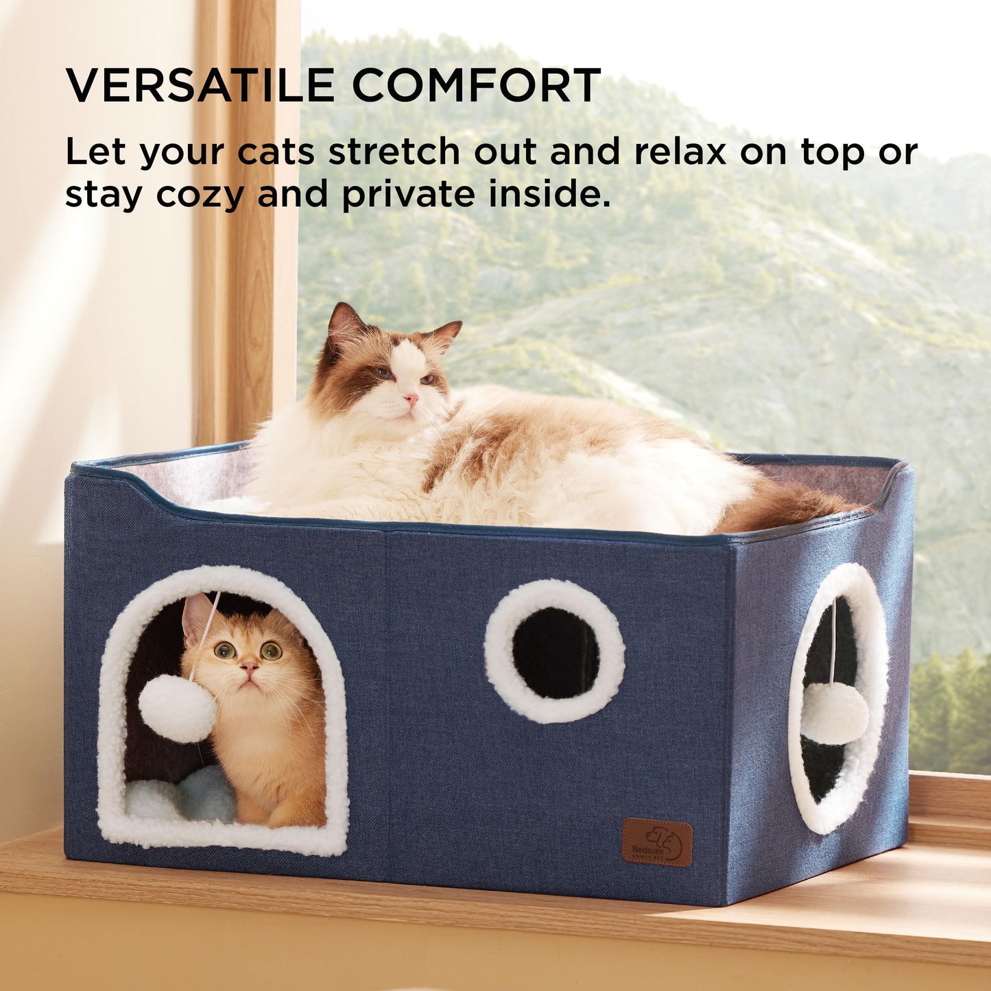 Bedsure Cat Beds for Indoor Cats - Large Cat Cave for Pet Cat House with Fluffy Ball Hanging and Scratch Pad, Foldable Cat Hideaway,16.5x16.5x13 inches, Grey