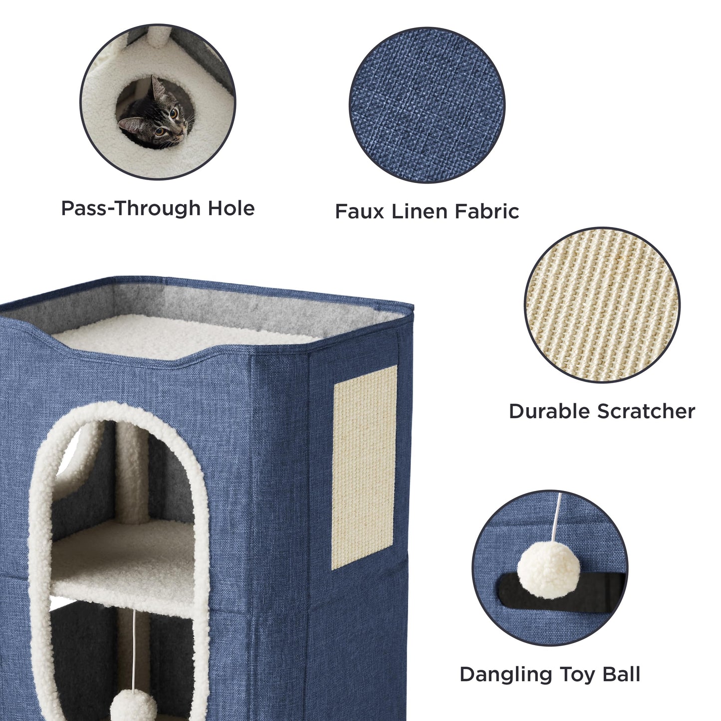 Bedsure Cat Beds for Indoor Cats - Large Cat Cave for Pet Cat House with Fluffy Ball Hanging and Scratch Pad, Foldable Cat Hideaway,16.5x16.5x13 inches, Grey