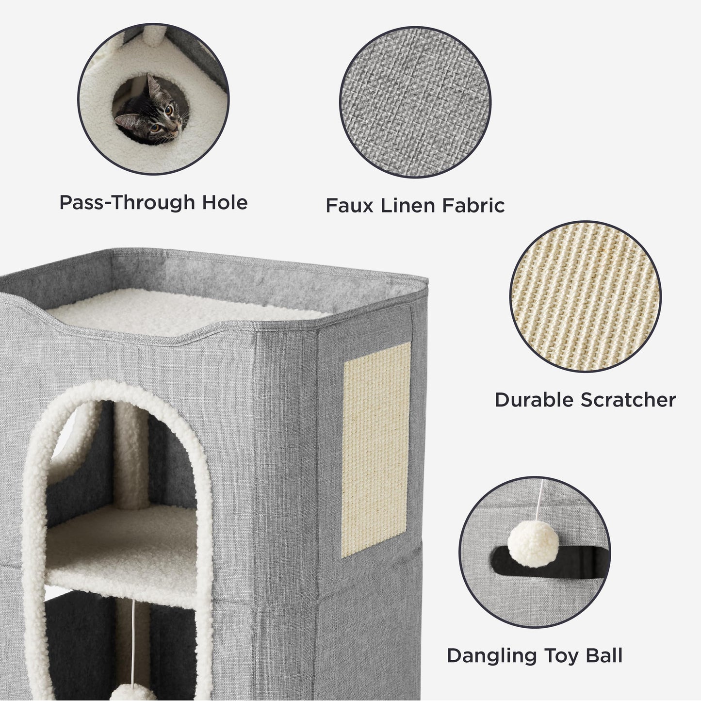 Bedsure Cat Beds for Indoor Cats - Large Cat Cave for Pet Cat House with Fluffy Ball Hanging and Scratch Pad, Foldable Cat Hideaway,16.5x16.5x13 inches, Grey