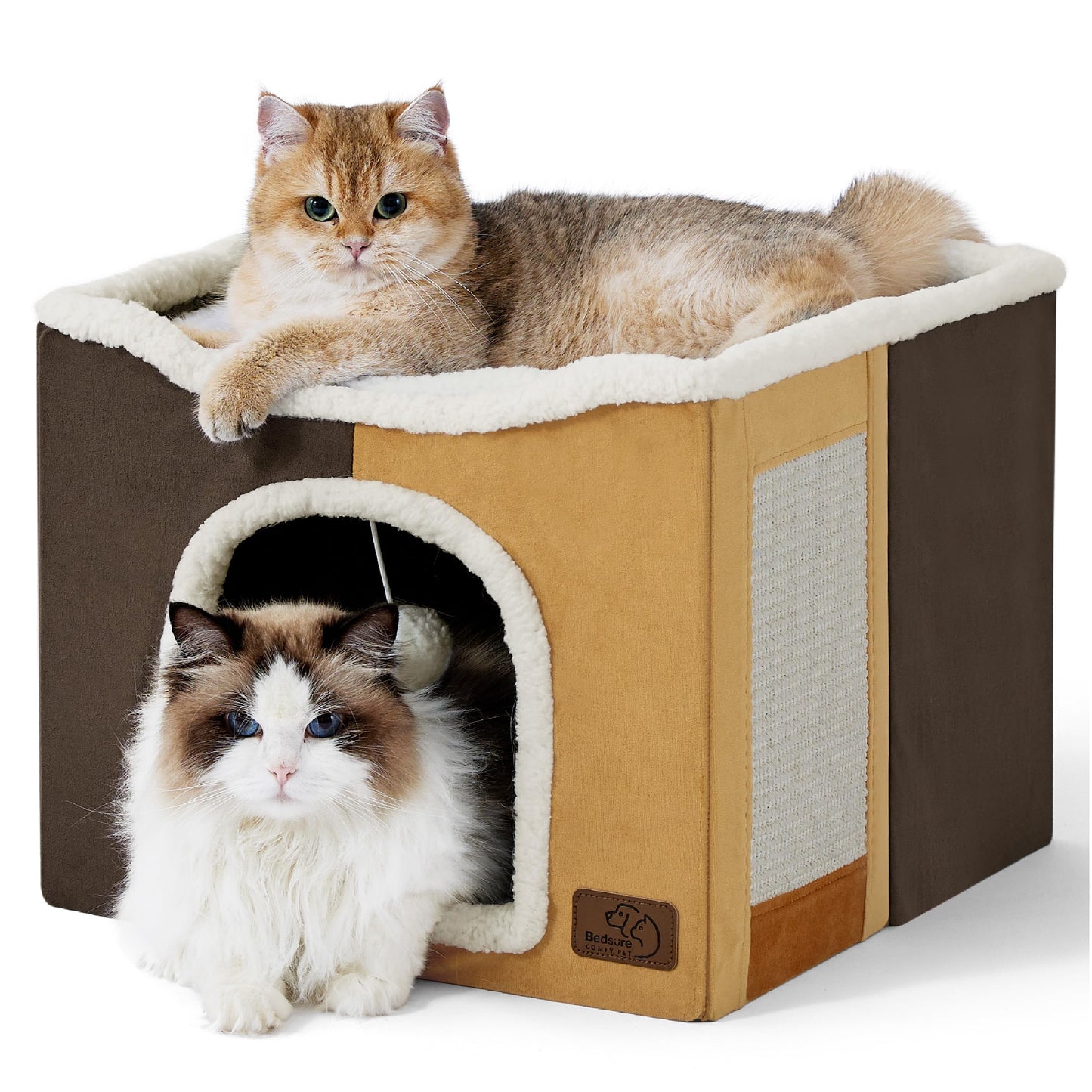 Bedsure Cat Beds for Indoor Cats - Large Cat Cave for Pet Cat House with Fluffy Ball Hanging and Scratch Pad, Foldable Cat Hideaway,16.5x16.5x13 inches, Grey